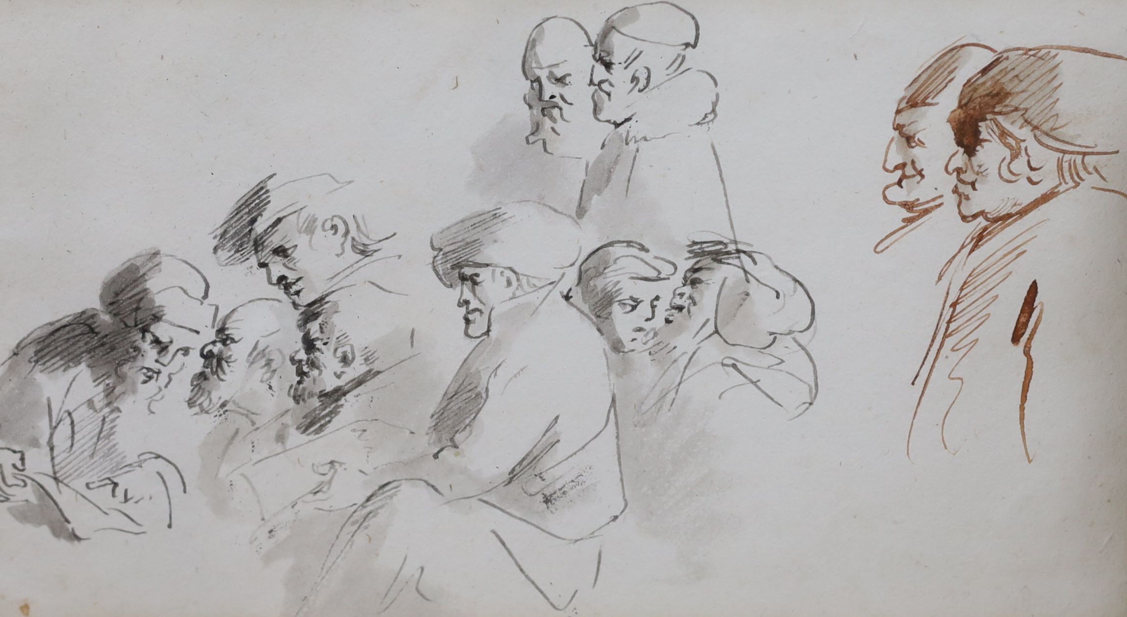 Old Master, pen and ink, Scholars in discussion, 11 x 20cm and a small 19th century watercolour, 9 x 13cm